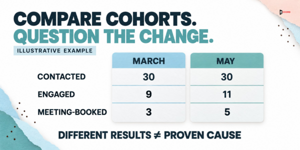 Sample March and May cohorts: 30 contacted, 9 and 11 engaged, 3 and 5 meeting-booked, with different results not proving a cause