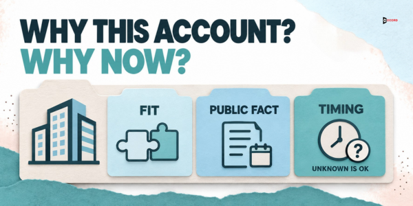 Three checks for each target account: fit, a dated public fact and timing, where an unknown timing is fine