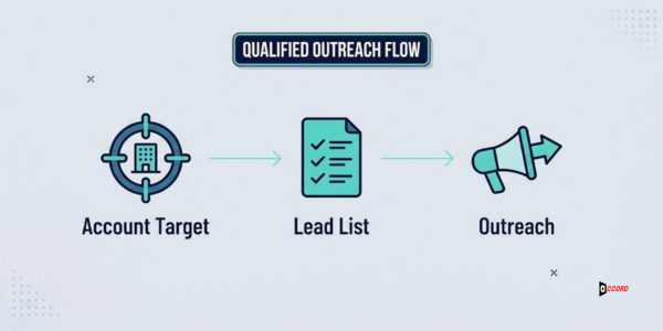 Diagram comparing account research for fit with lead generation for reach before B2B outreach.
