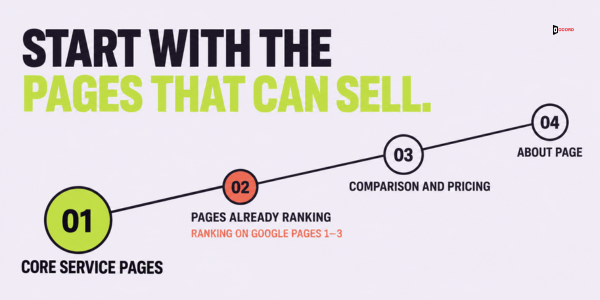 The order to check pages for AEO: service pages, ranking pages, comparison pages, About page