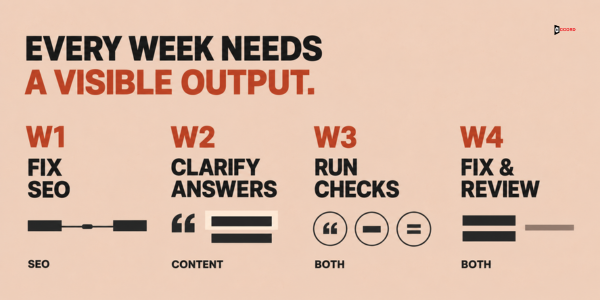 Every week needs a visible output: week one fixes SEO, week two clarifies answers, week three runs checks, week four fixes and reviews