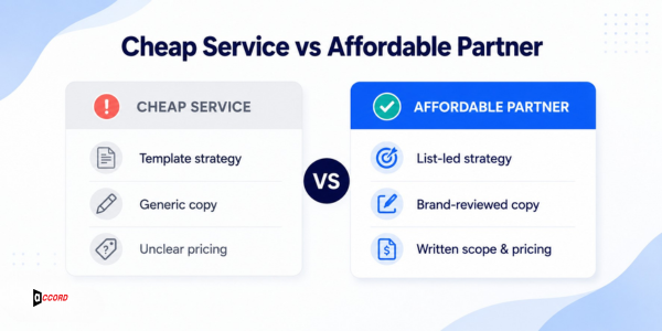 Comparison graphic showing cheap email marketing service with template-based strategy, generic copy, and unclear pricing versus an affordable partner with list-led strategy, brand-reviewed copy, and written scope-based pricing
