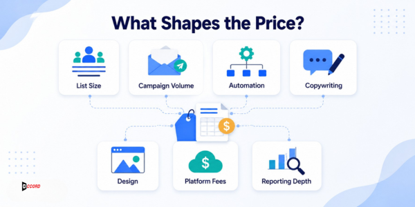 Infographic showing seven factors that shape email marketing agency pricing: list size, campaign volume, automation, copywriting, design, platform fees, and reporting depth