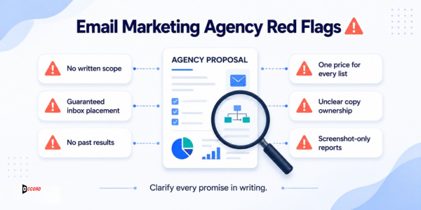 Checklist graphic showing six red flags when hiring a low-cost email marketing agency: no written scope, guaranteed inbox placement, no past results, one price for every list, unclear copy ownership, and screenshot-only reports