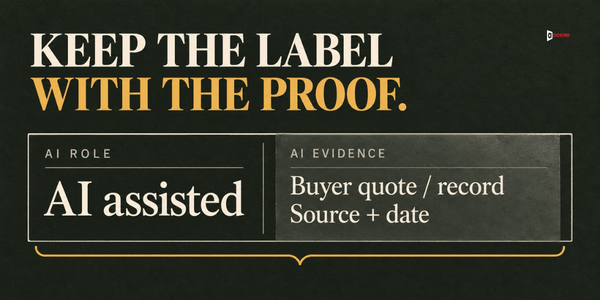 An AI role field set to AI assisted, kept beside an AI evidence field with a buyer quote or record, source and date