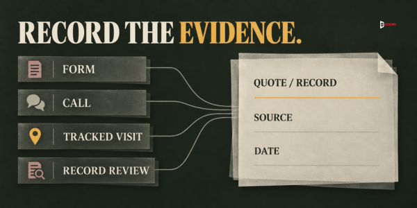 Four kinds of evidence, form, call, tracked visit and record review, each feeding a quote or record, a source and a date