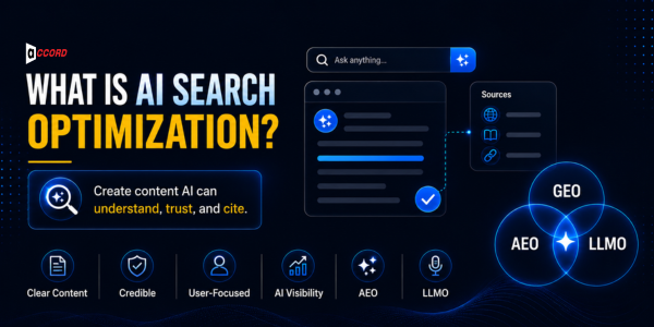 Diagram defining AI search optimization as clear, credible, user-focused content for GEO, AEO, and LLMO visibility
