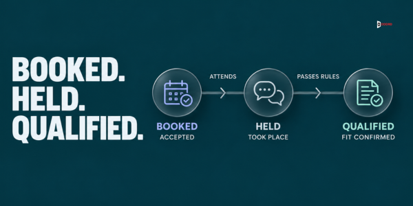 Three nested stages: booked, held and qualified meetings, with a 30-day window