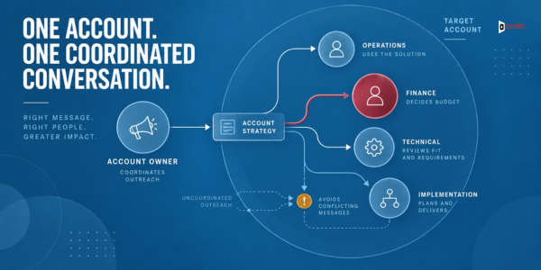 Diagram headlined One account, one coordinated conversation showing an account owner directing two coordinated conversation paths while a duplicate uncoordinated outreach path is flagged with a warning