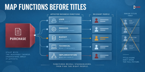 Diagram headlined Map functions before titles showing a purchase connected to affected business functions (user, process, budget, technical, implementation) mapped to relevant people, next to a crossed-out senior-titles-first shortcut