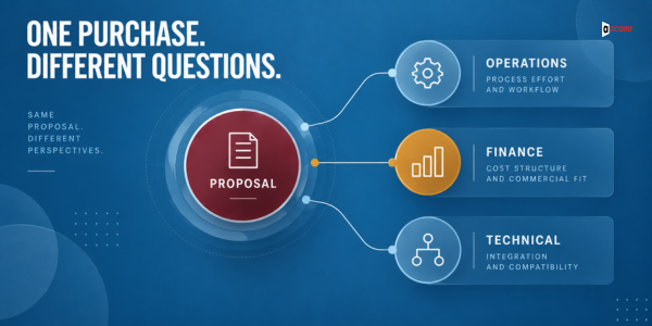 Diagram headlined One purchase, different questions showing one shared proposal core feeding three briefing panels for operations, finance, and technical questions