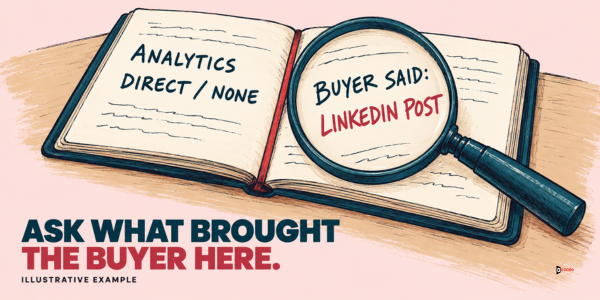 Ask what brought the buyer here: analytics shows direct or none while the buyer says a LinkedIn post (illustrative example)