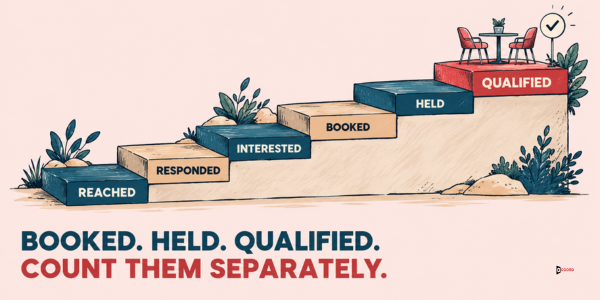 Booked, held, qualified: a staircase from reached to responded, interested, booked, held and qualified, each counted separately