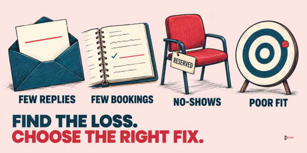Find the loss, choose the right fix: few replies, few bookings, no-shows and poor fit each need a different repair