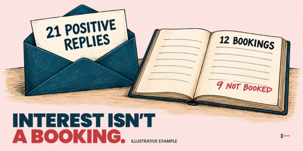 Interest is not a booking: 21 positive replies in an envelope against 12 bookings in a diary, 9 not booked (illustrative example)