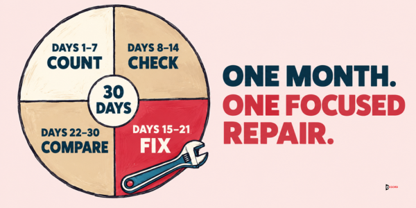 One month, one focused repair: days 1-7 count, 8-14 check, 15-21 fix, 22-30 compare