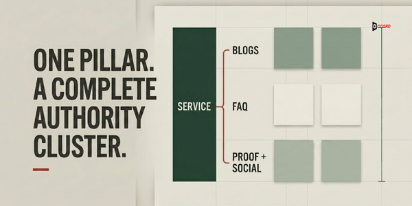 Answer-first content diagram showing question, short answer, definition, steps, FAQ, and service link blocks