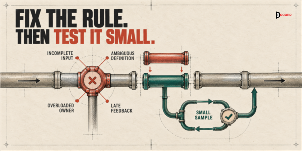 A failed pipeline joint caused by incomplete input, ambiguous definition, overloaded owner, or late feedback is replaced and tested on a small sample.