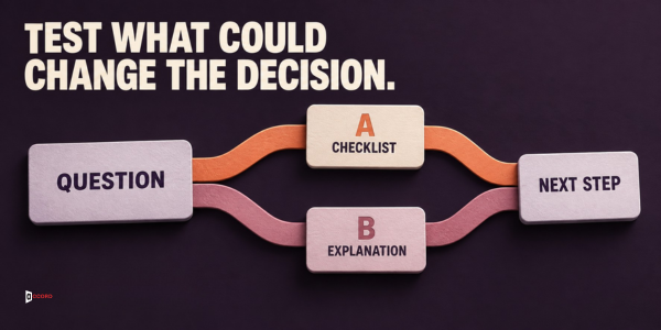 Diagram showing a business question branching to checklist and explanation variants before the next step.