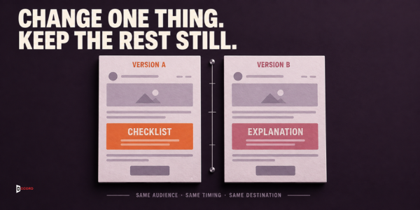 Two email versions with only the checklist-versus-explanation block changed while audience, timing, and destination remain the same.