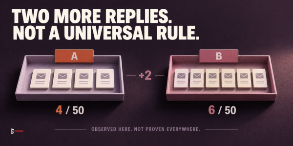 Comparison of four replies from 50 recipients versus six from 50, noting that two extra replies are not a universal rule.