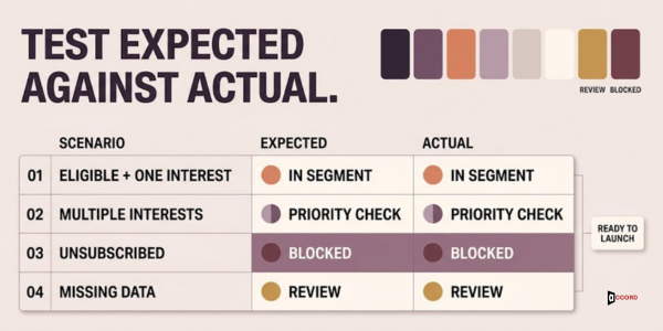 Shows six abstract test records moving through expected-result and actual-result columns, aligned like a QA board.