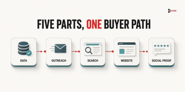 Five connected parts of a B2B growth engine across data email SEO web and social