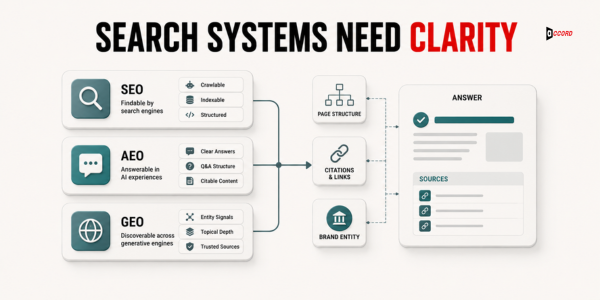 SEO AEO and GEO visibility layer connected to clear B2B service content