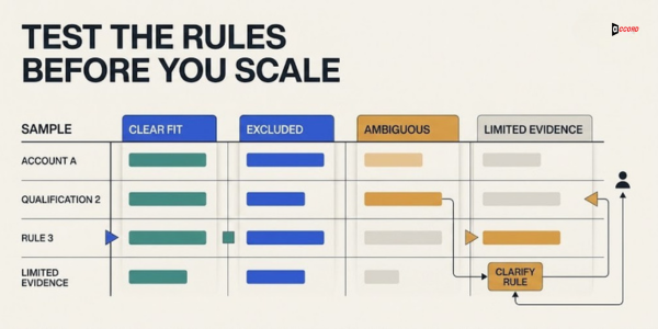 Table headlined Test the rules before you scale comparing a sample of accounts against clear fit, excluded, ambiguous, and limited evidence columns with a clarify-rule callout