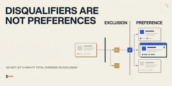 Diagram labeled Disqualifiers are not preferences showing an account record splitting into an exclusion path and a preference path, with the note do not let a high fit total override an exclusion