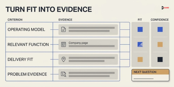 Table headlined Turn fit into evidence listing criteria for operating model, relevant function, delivery fit, and problem evidence next to fit and confidence columns and a next-question field