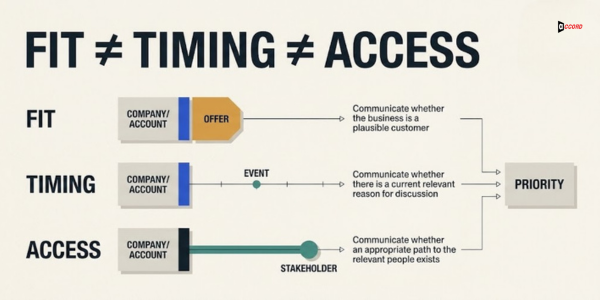 Diagram headlined Fit does not equal Timing does not equal Access showing three rows, fit as an offer next to an account, timing as an event on a timeline, and access as a stakeholder path, all feeding into a priority decision