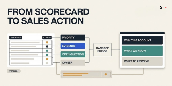 Diagram headlined From scorecard to sales action showing evidence, status, priority, and owner fields passing through a handoff bridge into why-this-account, what-we-know, and what-to-resolve cards