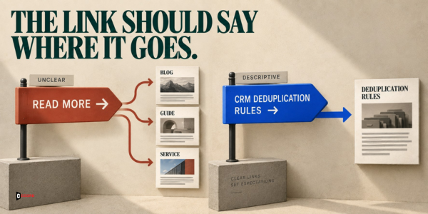 An unclear read-more sign compared with a descriptive CRM deduplication rules link pointing to the correct destination.