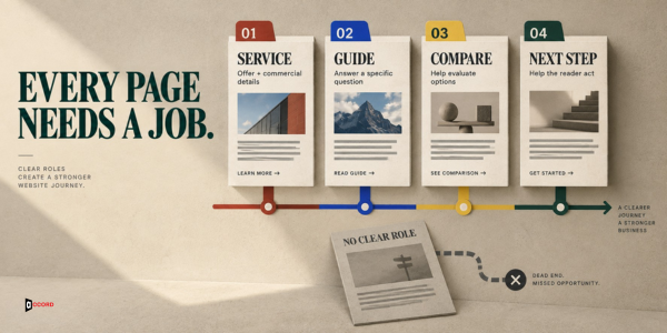 Service, guide, comparison, and next-step page cards, each assigned a clear job in the reader journey.
