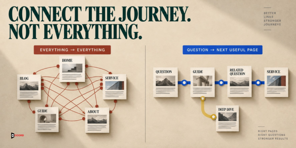 A focused question-to-guide-to-service path contrasted with an overcrowded web of links between every page.