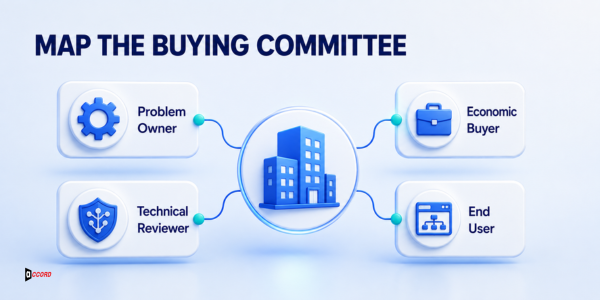 Buying committee map connecting a target account with the problem owner, economic buyer, technical reviewer, and end user