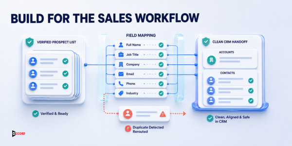Sales workflow mapping a verified prospect list into clean account and contact records for CRM handoff
