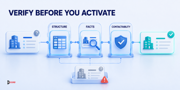 B2B lead verification workflow checking record structure, company facts, and contactability before activation