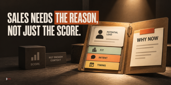 A sales handoff card explains fit, intent, timing, and why the lead matters instead of showing only a score.
