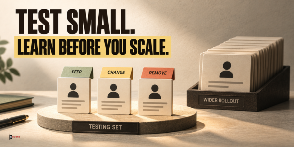 A small testing set sorts lead records into keep, change, and remove decisions before a wider rollout.