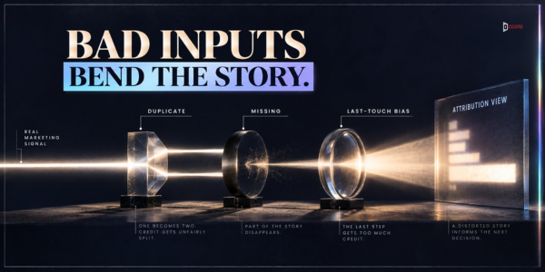 Three glass prisms labeled duplicate, missing, and last-touch bias showing how flawed inputs distort the attribution view.