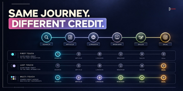 One buyer journey through search, article, LinkedIn, webinar, sales, and deal compared under first-touch, last-touch, and multi-touch attribution models.