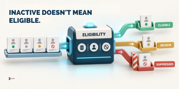 Diagram headlined Inactive doesn't mean eligible showing a stack of contact records passing through an eligibility check that routes them into eligible, review, and suppressed lanes