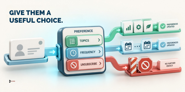 Diagram headlined Give them a useful choice showing a preference center with topics, frequency, and unsubscribe options routing to updated preferences or no further emails