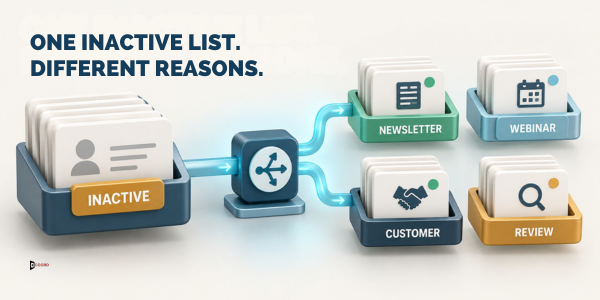 Diagram headlined One inactive list, different reasons showing one inactive list splitting by source into newsletter, webinar, customer, and review groups
