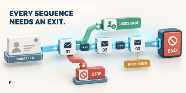 Diagram headlined Every sequence needs an exit showing a subscriber moving through three scheduled messages with a stop exit for opt-outs and an end state once a choice is made