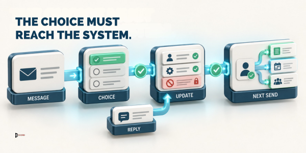 Diagram headlined The choice must reach the system showing a message and a reply both feeding a choice that updates the system before the next send