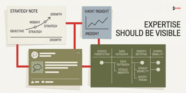 Strategy note, short insight, and service perspective cards representing founder expertise with the headline Expertise should be visible