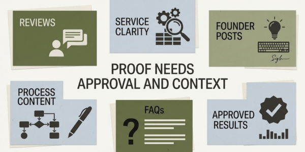 Six proof-type cards labeled Reviews, Service Clarity, Founder Posts, Process Content, FAQs, and Approved Results with the headline Proof needs approval and context